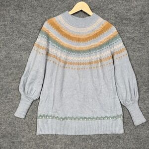 J Crew Size Medium‎ Sweater Blue Fair Isle Yoke Puff Sleeve Alpaca Wool Blend